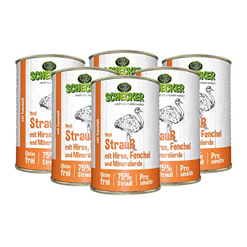 Schecker 6 x 410g Hundemenü Strauß mit Hirse Fenchel und Mineralerde Glutenfrei 75% Strauß Pro Sensitiv von Schecker