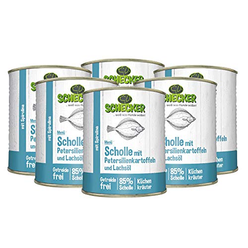 Schecker Nassfutter für Hunde - Hundemenü Scholle mit Lachsöl - 6X 820 g - 85% Scholle - getreidefrei - Spirulina von Schecker