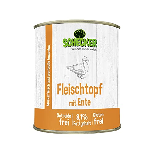 Schecker Nassfutter - Fleischtopf mit Ente - 6 x 820 g - getreidefrei - glutenfrei - in Deutschland herstellt - Reine Fleischtöpfe von Schecker