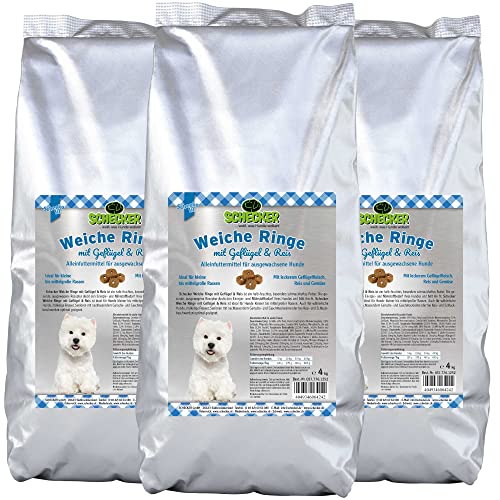 Schecker Hundefutter - weiche halbfeuchte Ringe mit Geflügel und Reis - 3 x 4 kg - für Junghunde, Adulte und Senioren Hunde 3 x 4 kg von Schecker