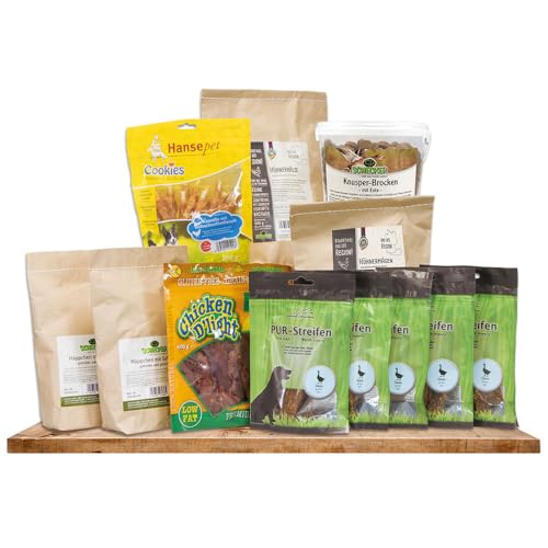 Schecker Hundesnack - Probierpaket - Geflügelpaket - 3,7 kg - pures Hühnerfleisch - Hundekekse, Hühnerherzen, Ente, Hühnerhälse von Schecker