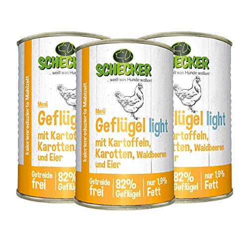 Schecker Nassfutter - Hundemenü Geflügel light mit Kartoffeln, Karotten, Waldbeeren & Ei - Nassfutter für Hunde - Diätfutter 3 x 410g von Schecker