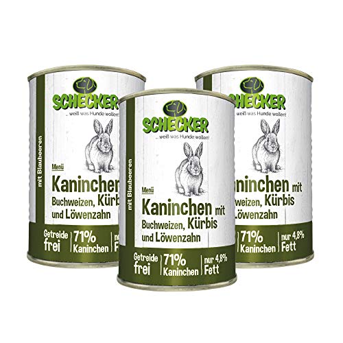 Schecker Nassfutter - Hundemenü mit (71%) Kaninchen - Buchweizen - Kürbis -getreidefrei - 3 x 410 g nur 4,8% Fett von Schecker