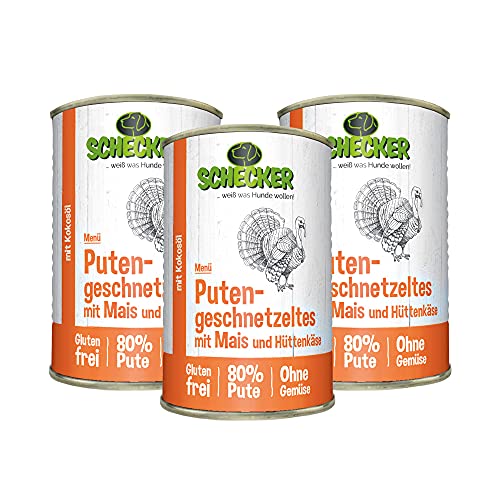 Schecker Nassfutter für Hunde - Hundemenü - Putengeschnetzeltes mit Mais und Hüttenkäse - 3 x 410 g - glutenfrei - 80% Pute von Schecker