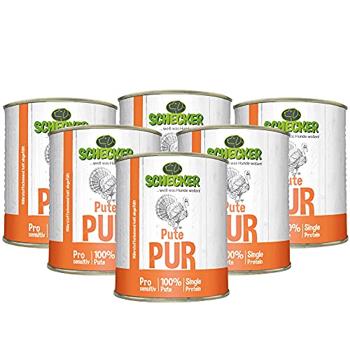 Schecker Nassfutter - getreidefrei - 100% Pute PUR - 6 x 820 g - hypoallergen - glutenfrei - Hundefutter - Single Protein von Schecker