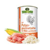 Schecker Hundemenü - Putengeschnetzeltes mit Mais und Hüttenkäse [1 x 410g]