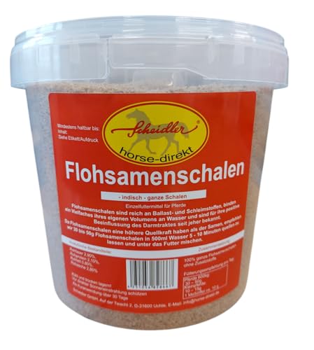 Scheidler horse-direkt 1 kg Eimer Flohsamenschalen indisch, ganz für Pferde, Ponys – Einzelfuttermittel mit viel Ballaststoffen und Schleimstoffen – inkl. Messlöffel von Scheidler horse-direkt