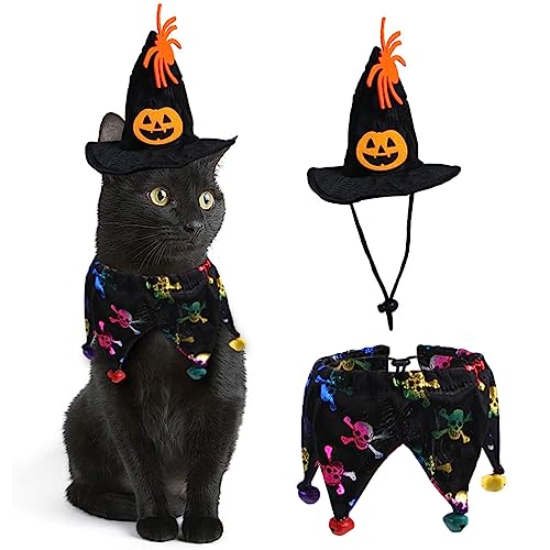 Scheppend Halloween Hexenhut Glocke Schal Set Welpen Katze Verstellbares Gummiband Lustige Requisiten Handgemachtes Smiley-Gesicht Kürbis Bunte Totenkopf-Print von Scheppend