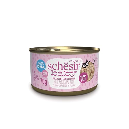 Schesir Baby, in Brühe mit Hühnchen- und Lebergeschmack mit DHA und Taurin, komplettes Nassfutter für Kätzchen (12 Dosen à 70 g) von Schesir