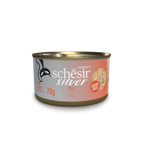 Schesir Silver, Geschmack Hühnchen in Brühe, komplettes Nassfutter für ältere Katzen (12 Dosen à 70 g) von Schesir