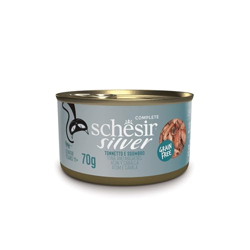 Schesir Silver, Geschmack Huhn und Makrele, komplettes Nassfutter für ältere Katzen (Dosen 12 x 70 g) von Schesir