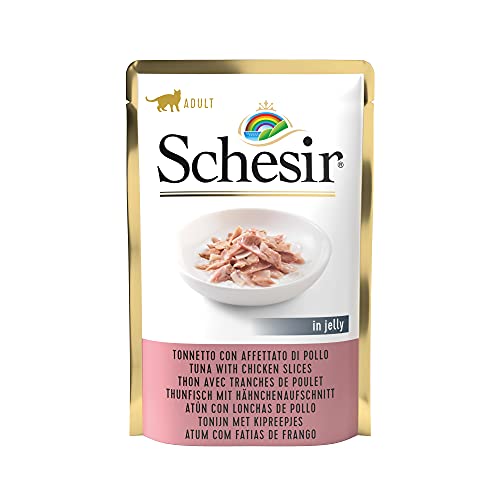 Schesir, Nassfutter für ausgewachsene Katzen mit Geschmack Thunfisch mit Hähnchenschliff zubereitet in weichem Gelee - insgesamt 1,7 kg (20 Beutel à 85 g) von Schesir