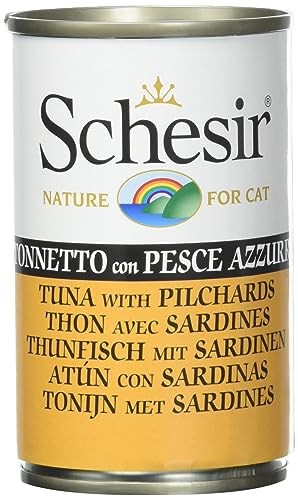 Schesir, Nassfutter für Erwachsene Katzen mit Geschmack Thunfisch mit blauem Fisch, zubereitet in weichem Gelee, insgesamt 0,84 kg (6 Dosen à 140 g) von Schesir