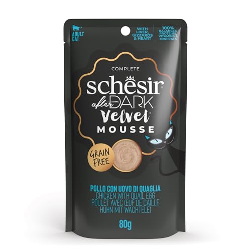 Schesir After Dark, Geschmack Huhn mit Wachteleiern Velvet Mousse, komplettes Nassfutter für Erwachsene Katzen (12 Beutel à 80 g) von Schesir