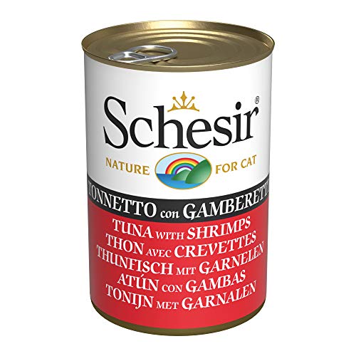 Schesir, Nassfutter für Erwachsene Katzen mit Geschmack Thunfisch mit Garnelen zubereitet in weichem Gelee - insgesamt 0,84 kg (6 Dosen à 140 g) von Schesir