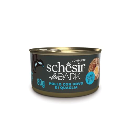 Schesir After Dark, Geschmack Hähnchen mit Wachteleiern in Filets, komplettes Nassfutter für ausgewachsene Katzen (12 Dosen à 80 g) von Schesir