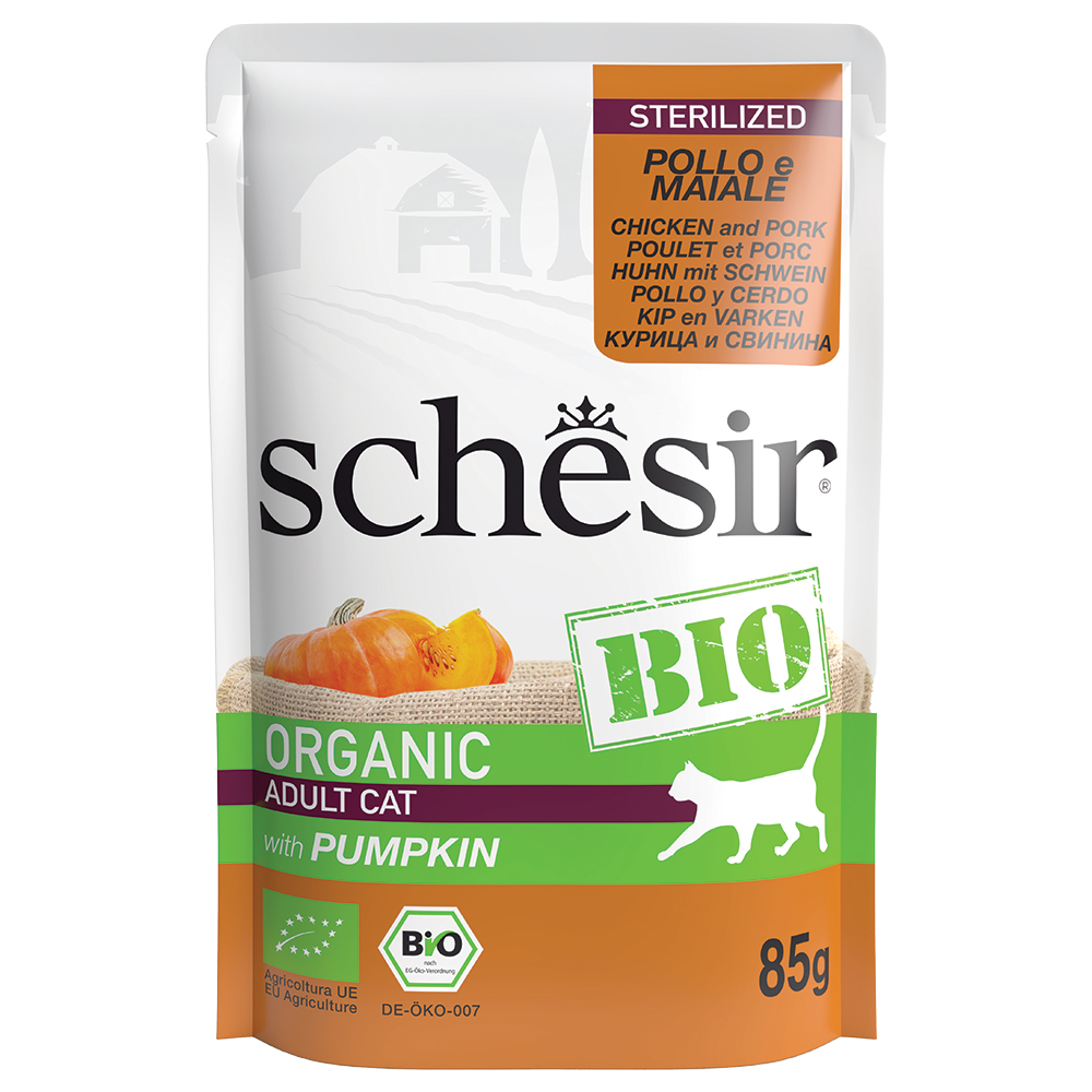 Schesir Bio Pouch 8 x 85 g - Sterilized Bio-Huhn und Bio-Schwein von Schesir