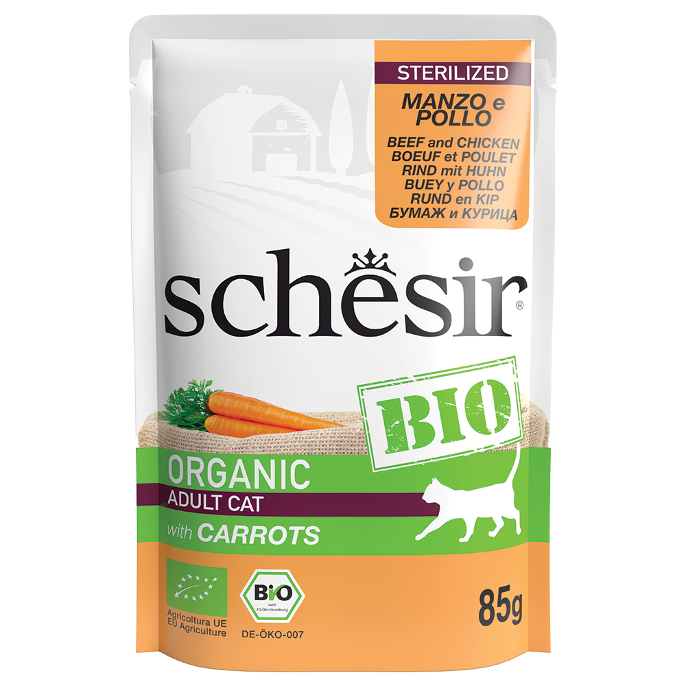 Schesir Bio Pouch 8 x 85 g - Sterilized Bio-Rind und Bio-Huhn von Schesir