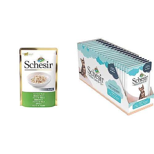 Schesir Cat Jelly Hühnerfilet, Katzenfutter nass in Gelee, 20 Beutel x 85 g & Cat Kitten Thunfisch, Katzenfutter nass für Kätzchen, 20 Beutel x 85 g von Schesir