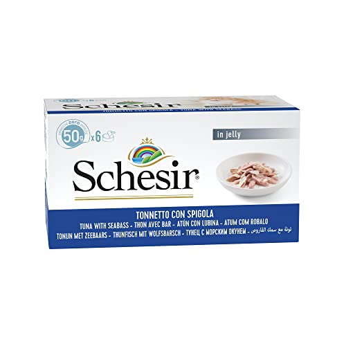 Schesir Cat Jelly Thunfisch mit Wolfsbarsch, Katzenfutter nass in Gelee, 8 x 6 Dosen x 50 g von Schesir