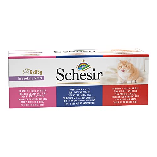 Schesir Natural Katzenfutter nass mit 100% natürlichen Zutaten aus Thunfisch, Rinderfilet, Hühnerfilet, kleinen Sardellen & Reis im Multipack oder als Einzelsorte (6 x 85g Dose) von Schesir