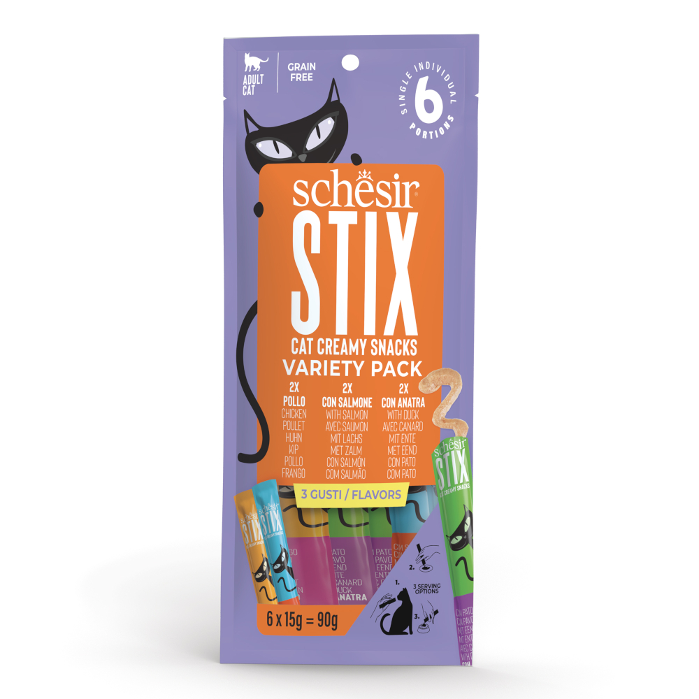 Schesir Stix Creamy Snacks 90 g - Sparpaket: 2 x 90 g Huhn, 2 x 90 g Lachs, 2 x 90 g Ente von Schesir