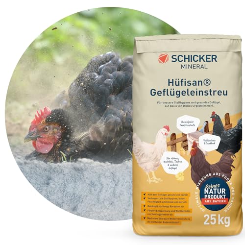 Schicker Mineral Hüfisan Geflügeleinstreu 25 kg, Badesand aus Diabas Urgesteinsmehl für Hühner, Tauben & Geflügel, Naturprodukt zur Feder- & Stallpflege, aktiver Schutz vor Parasiten und Milben von Schicker Mineral