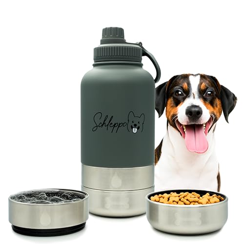 Edelstahl Hundetrinkflasche, Hunde-Reiseflasche 950 ml, Multifunktionale Hundewasserflasche, isolierte Futter- und Wasserschüssel für Hunde, ideal für unterwegs (Dunkelgrau, 950 ml) von Schleppo