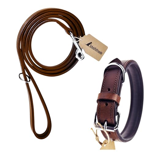 Schnüffelfreunde Hunde Halsband und Leine Set - aus Leder - handgenäht - Halsband Größe L/Leine 180cm (Braun) von Schnüffelfreunde