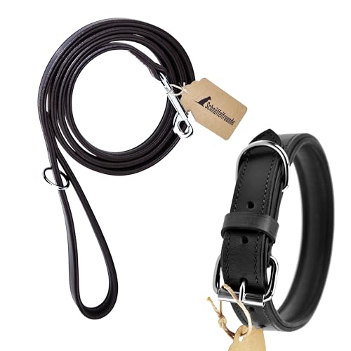 Schnüffelfreunde Hunde Halsband und Leine Set - aus Leder - handgenäht - Halsband Größe M/Leine 230cm (Schwarz) von Schnüffelfreunde