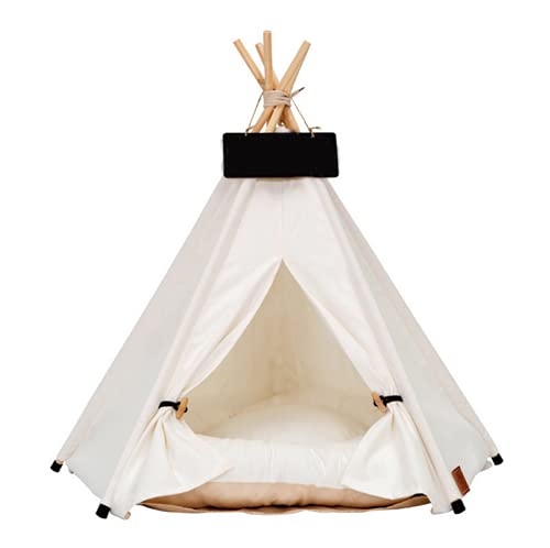 Scnbom Tipi Zelt für Haustiere mit Kissen Haustierbett Abnehmbar und Waschbar Wegklappen Hundezelt Katzenzelt Haustierzelte Häuser Hundebett Katzenbett (L:60x60x70cm,Weiß) von Scnbom