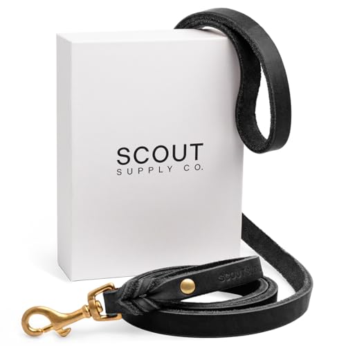 Scout Supply Klassische Leder-Hundeleine, robustes, dickes Vollnarbenleder, wasserdicht und rostfrei, Messingbeschläge, Schwarz, L: 1,4 m x 7,6 cm von Scout Supply Co.