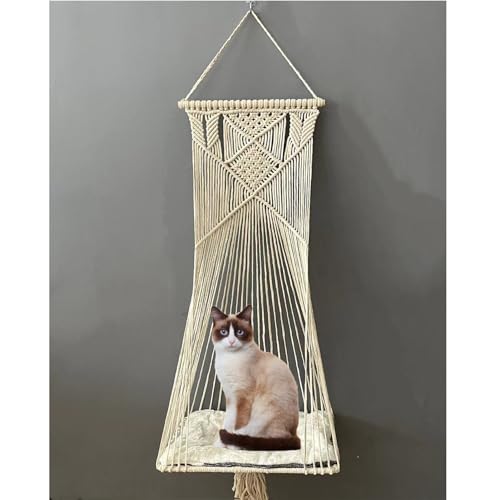 Sdjazl Makramee-Katzen-Hängematte zum Aufhängen, Katzenschaukelbett für Indoor-Katzen, Boho-Katzen-Sitzstange zum Schlafen, Spielen, Klettern und Faulenzen (Beige) von Sdjazl