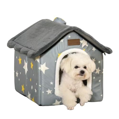 SEAHOME Faltbare Hundehütte für Haustiere im Innenbereich, geschlossenes, warmes Plüsch-Schlafnestbett mit abnehmbarem Kissen, abgedeckte kleine Haustierwohnungen, Innen- und Katzenversteck (L, Grau) von SeaHome