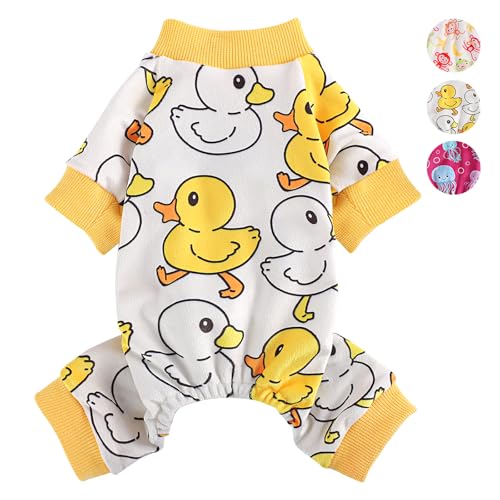 Hunde-Pyjama, kleine Größe, Yorkie, Chihuahua, dehnbar, Affen-Design, Haustierbekleidung für Teetasse, Nachtwäsche, bequemer Welpen-Overall (gelbe Ente, S) von Sebaoyu