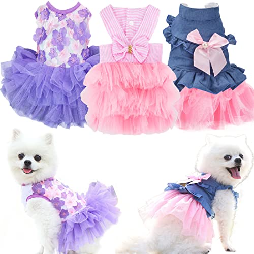 Sebaoyu Hundekleidung für kleine und mittelgroße Hunde, Mädchen, 3er-Pack, Sommer-Welpenkleid, Outfit, weiblich, niedlicher Katzenrock, Tutu, rosa Yorkie, Französische Bulldogge, Chihuahua (M) von Sebaoyu