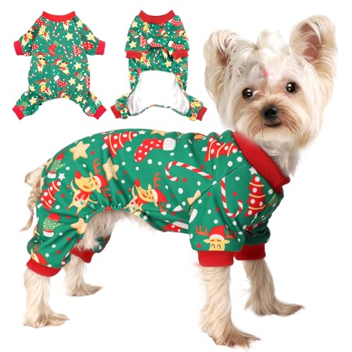 Weihnachtlicher Hunde-Pyjama für kleine Hunde, Winter-Chihuahua-Yorkie-Hundekleidung, Pullover, weicher Samt, Hunde-Pyjama, Haustierkleidung, Welpen-Outfits, Jumpsuits, Neujahrs-Hundebekleidung (Grün, von Sebaoyu