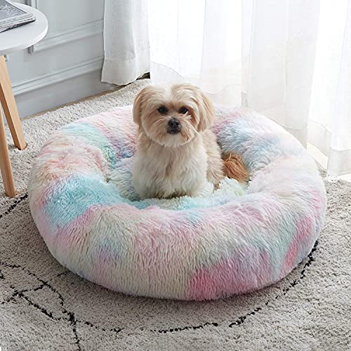 Sedefen Hundebett Rund Plüsch Flauschige Hundekissen Hundesofa Katzenbett,Waschbar rutschfest,Haustier Hundebett für Hunde und Katzen,Regenbogen Bunt,Durchmesser 100cm von Sedefen