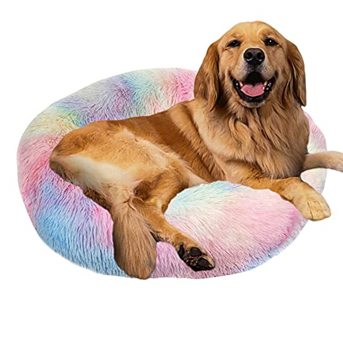 Sedefen Hundebett Rund Plüsch Flauschige Hundekissen Hundesofa Katzenbett,Waschbar rutschfest,Haustier Hundebett für Hunde und Katzen,Regenbogen Bunt,Durchmesser 60cm von Sedefen