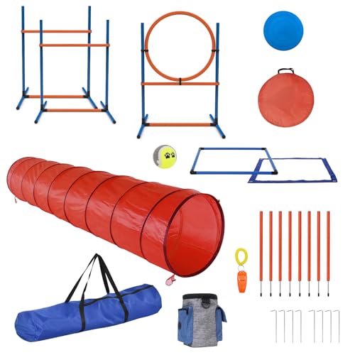 Sedeke 15 Stück Haustiere Agility Trainingsgeräte Hindernis-Trainingskurs Kit Verstellbarer Hund Reifen Hund Sprung Weben und Blindstangen und Pause Box für Hund Hindernislauf Outdoor Spiel von Sedeke