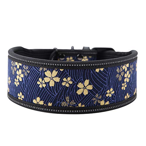 Marineblaues Blumen-Hundehalsband aus Nylon, reflektierend und bequem mit weicher Polsterung, verstellbares Schnallendesign für mittelgroße und große Hunde (L) von Segrehy