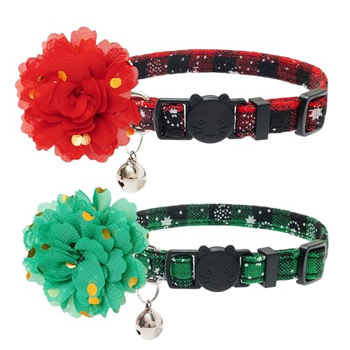 Segzwlor Katzenhalsband mit Glöckchen – mit Blumenmuster, verstellbar, für kleine und mittelgroße Katzen, Kätzchen, Welpen (grün, rot) von Segzwlor