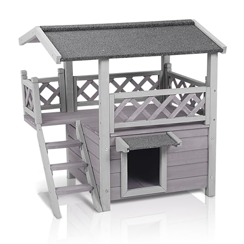 Seiyierr Outdoor-Katzenhaus wetterfest draußen verwilderte Katze Haus Zwei Stockwerke mit Wasserdichten Balkon, Treppe von Seiyierr