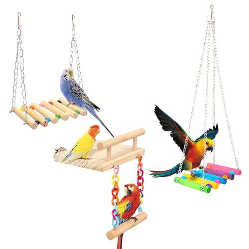 Sekonow Vogel-Sitzstangen Käfig Vogel Spielzeug, Papagei Holzplattform mit hängender Vogelschaukel, Vogelständer Käfig Zubehör für Sittich Nymphensittich Sittich Sittich Sittich Sit von Sekonow