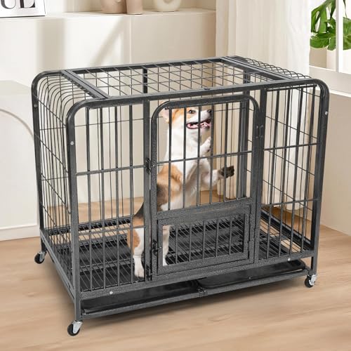 Hundekäfig für Zuhause XXL Hochbelastbar, Hundegitterbox 108.5 x 73.5 x 94cm für Mittelgroße und Große Hunde, Abnehmbares Reinigungstablett mit Abschließbaren Rädern von Sempicad