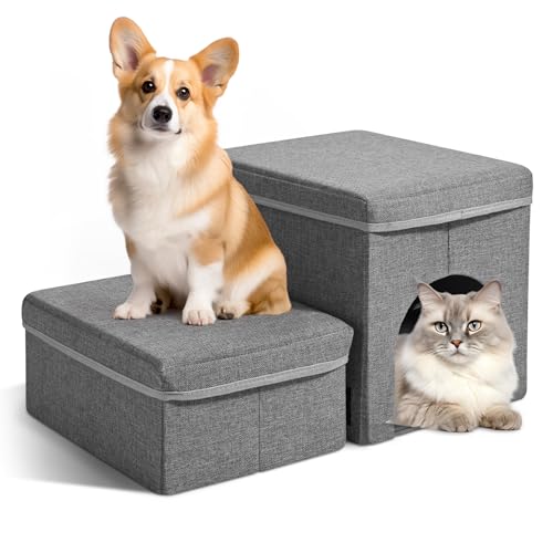 2 Stufen Treppe für Hunde, SenDeluz Faltbare Katzentreppe mit Aufbewahrungsboxen, Hundetreppe für Kleine Hunde Haustiertreppe für Sofa und Bett Hunde Treppe, 57,5cm x 36cm x 33cm von SenDeluz