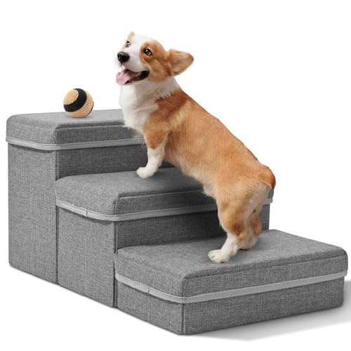 3 Stufen Treppe für Hunde, SenDeluz Faltbare Katzentreppe mit Aufbewahrungsboxen, Hundetreppe für Kleine Hunde Haustiertreppe für Sofa und Bett Hunde Treppe, 60cm x 36cm x 30cm von SenDeluz