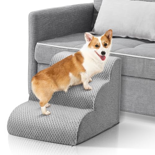 SenDeluz Hundetreppe für Bettsofa, Leicht zu Erklimmen Hund Rampe Schritte, High Density Foam Pet Stairs, rutschfeste Haustier Leiter mit Waschbarem Bezug für Hunde und Katzen (3 Stufen) von SenDeluz