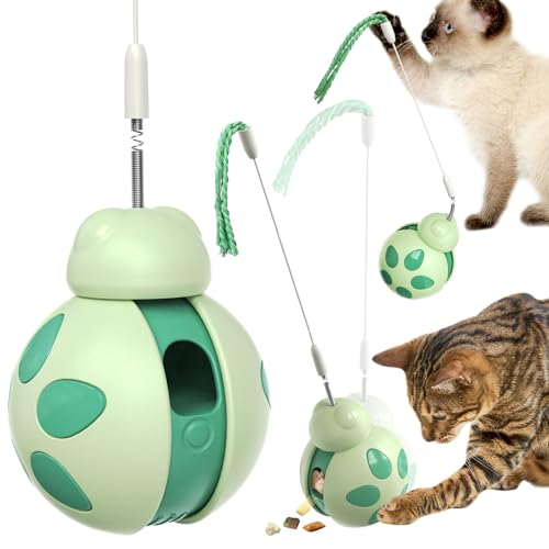 Interaktives Katzenspielzeug, Katzenspielzeug mit Futterautomat, Unwucht-Design Katzenball, Katzenspielzeug mit Trockenfutterspender und Federstab, für Drinnen, 1 Stück，Grün von Senchinner