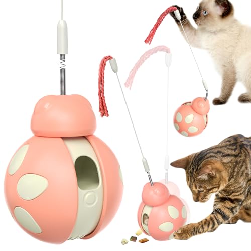 Interaktives Katzenspielzeug, Katzenspielzeug mit Futterautomat, Unwucht-Design Katzenball, Katzenspielzeug mit Trockenfutterspender und Federstab, für Drinnen, 1 Stück，Rosa von Senchinner